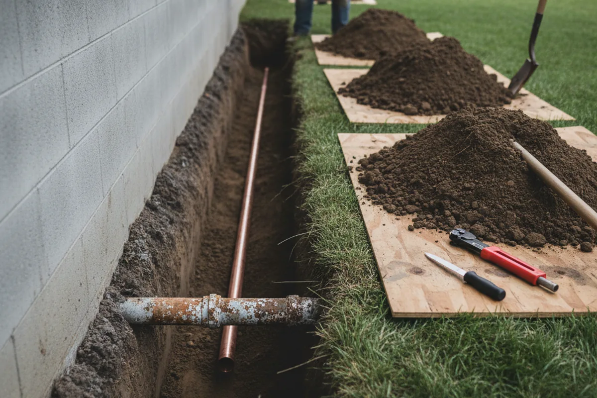 Excavated water line trench during Water Softener Installation in Edison